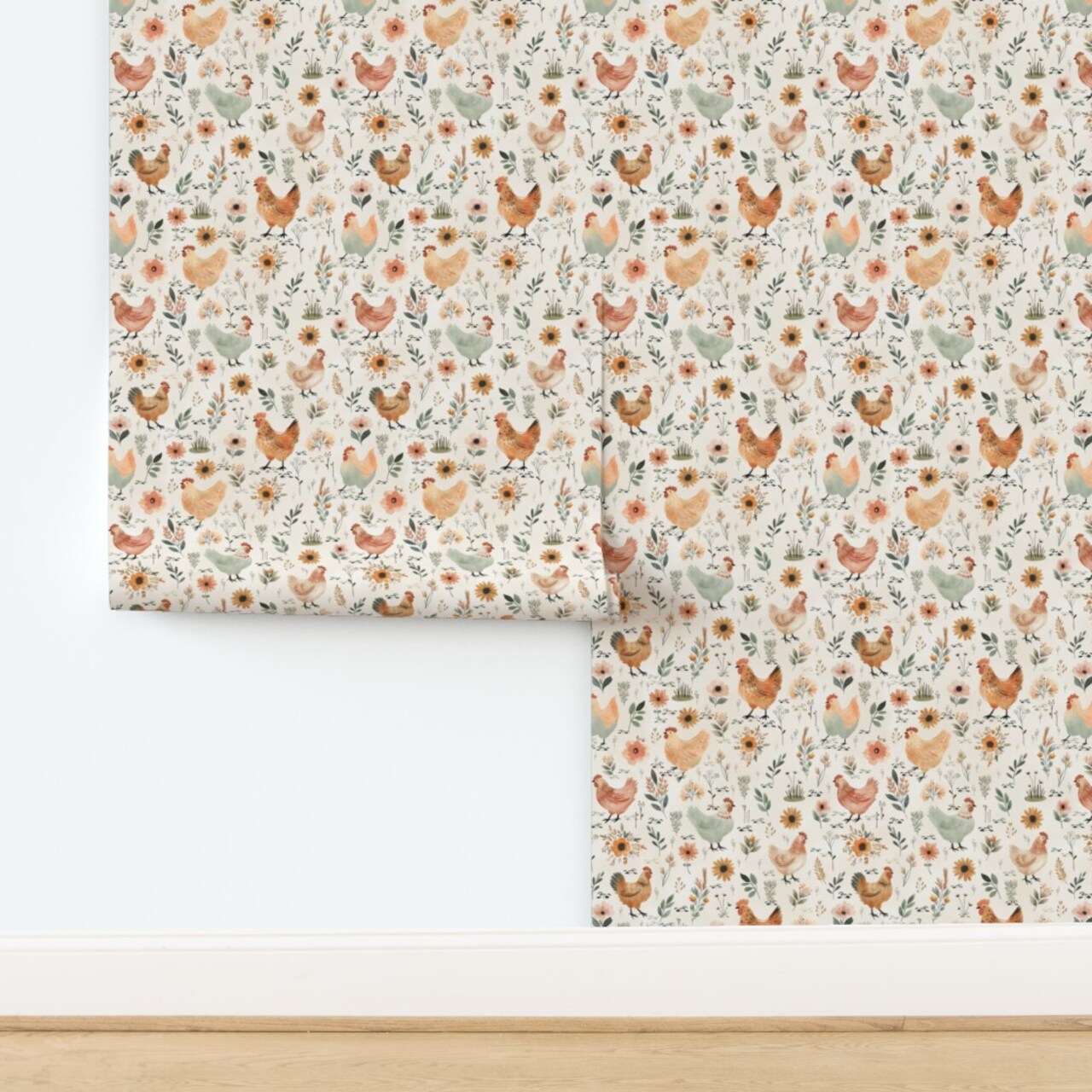 Pastel Hens Farmhouse Spring Florals Medium Watercolor Easter Bohemian Baby Nursery Chicken Boho Farm Animal Cottagecore Custom Removable Wallpaper by Spoonflower Peel & Stick Wallpaper 2FT Wide 18032035